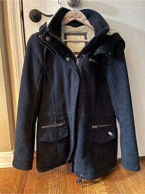 Abercrombie & Fitch Navy Wool-Blend Hooded Pea Coat